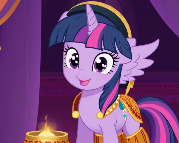Cheerful purple pony with unicorn horn and wings