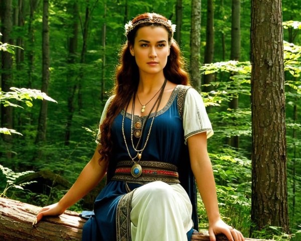 Young Woman in Elegant Gown in Lush Forest Setting