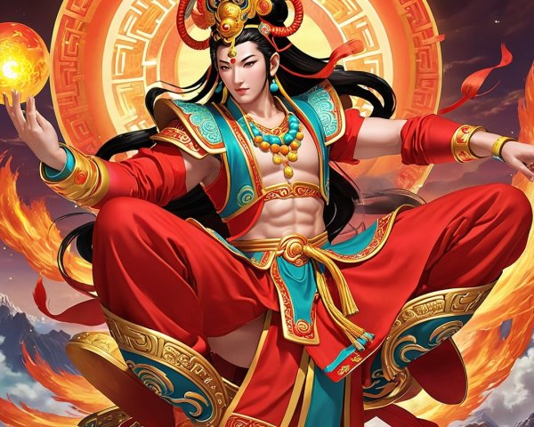 Majestic figure in red and gold with glowing orb
