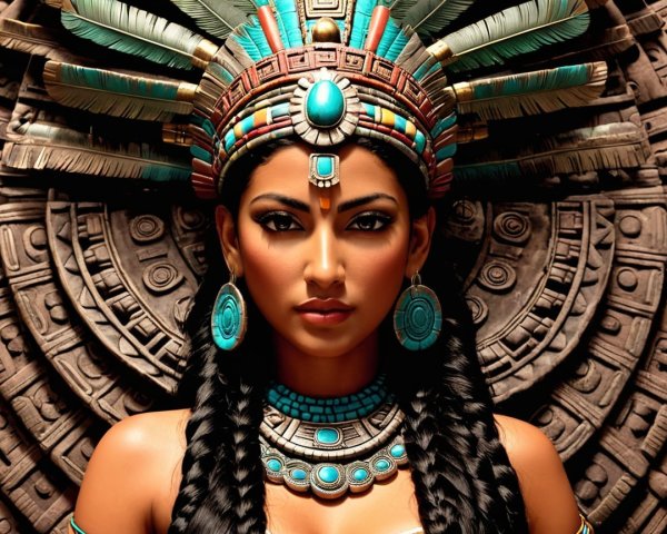 Regal figure with braided hair and vibrant headdress