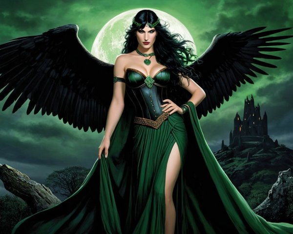 Mystical Figure with Wings Against Green Moonlit Sky