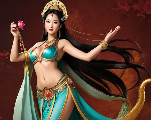 Adorned Woman in Turquoise Costume with Flower