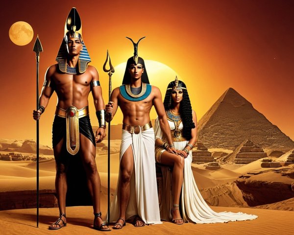 Ancient Egyptian Figures Against Sunset and Pyramids