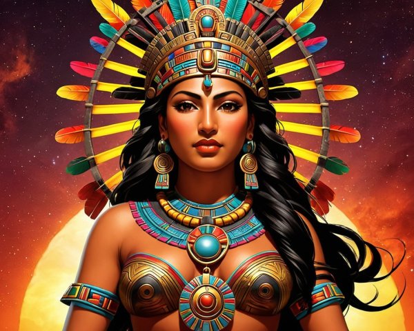Majestic figure with feathers and cosmic backdrop