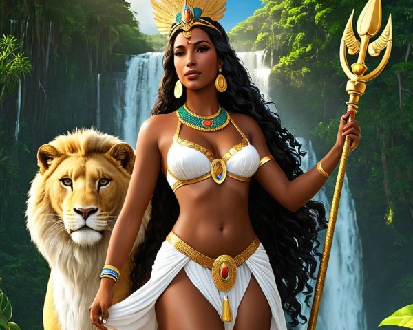 Elegant Woman in Golden Attire with Majestic Lion