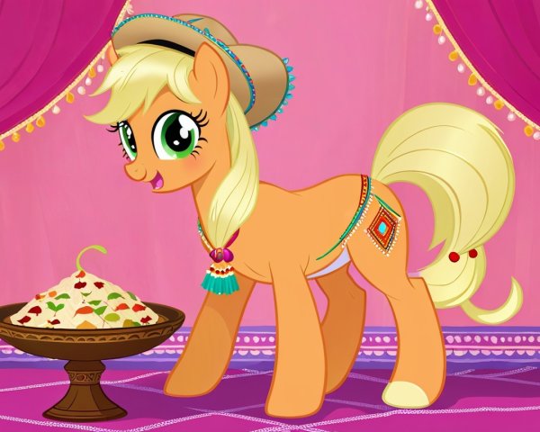 Cheerful cartoon pony with festive food bowl backdrop