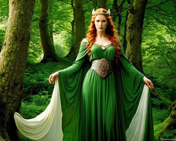 Regal figure in green gown within lush forest setting