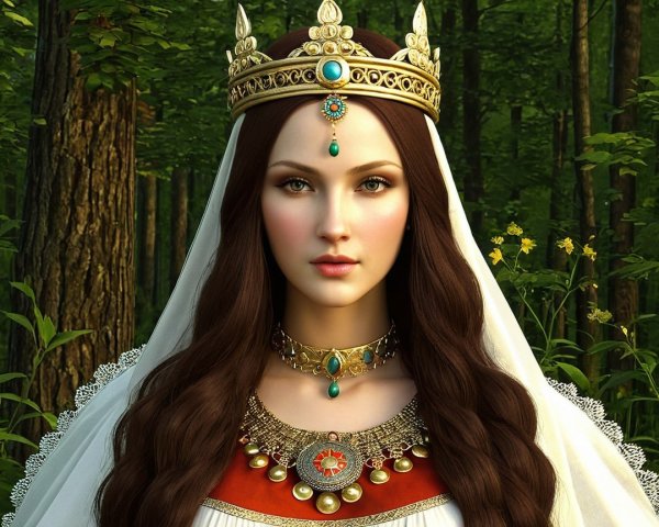 Regal woman in crown and jewelry in a forest setting