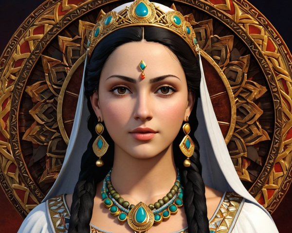Regal woman in crown and detailed white gown