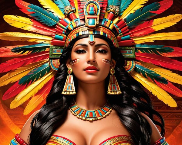 Close-Up Portrait of Woman in Feathered Headdress