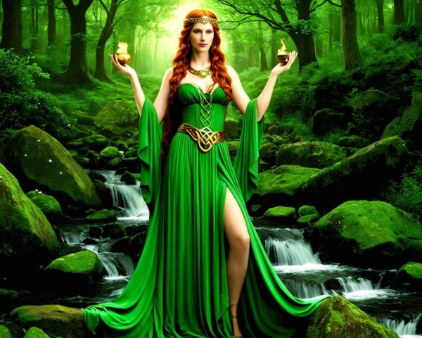 Full body portrait of a ginger-haired woman in nature