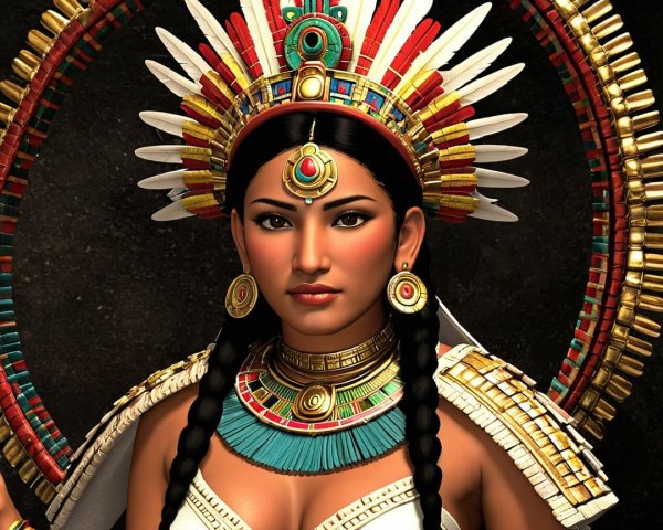 Adorned figure in vibrant headdress and jewelry