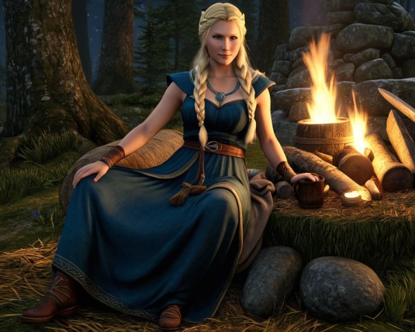 Serene Forest Scene with Woman by Campfire at Dusk