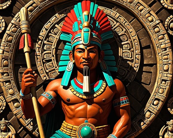 Mesoamerican Deity Statue with Turquoise and Red Adornments