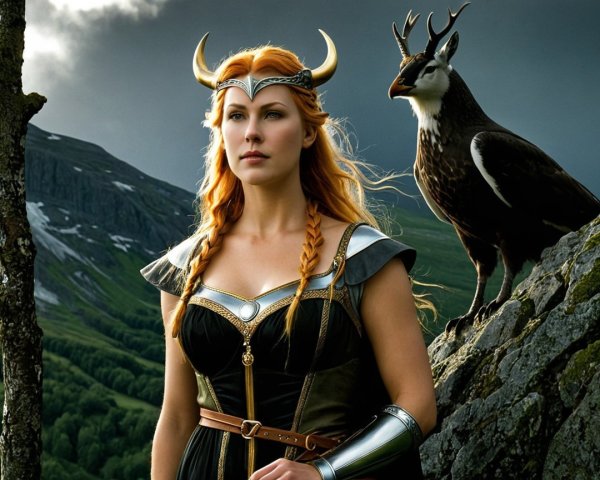 Fierce Warrior Woman in Dark Gown with Majestic Eagle