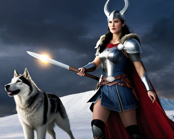 Fierce Female Warrior in Snowy Landscape with Wolf