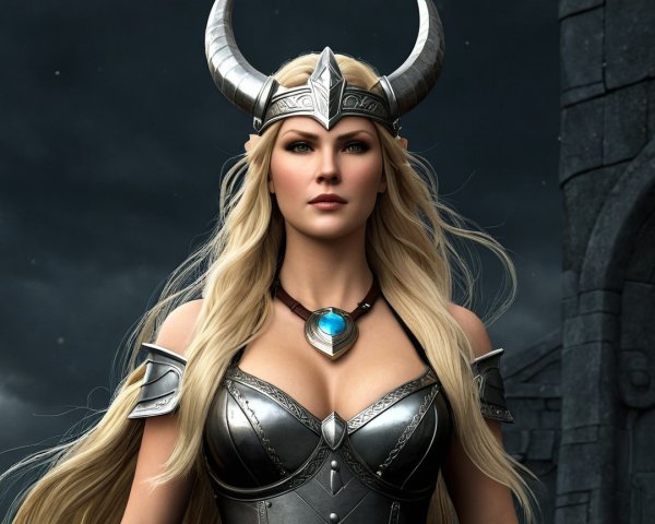 Fierce Warrior Woman in Silver Armor with Horned Helmet