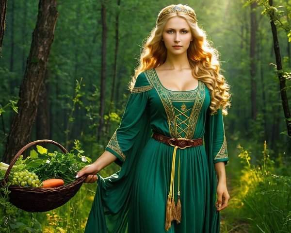 Elegant woman in green gown in vibrant forest setting