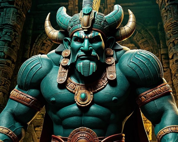 Muscular Figure in Intricate Armor with Horned Headdress
