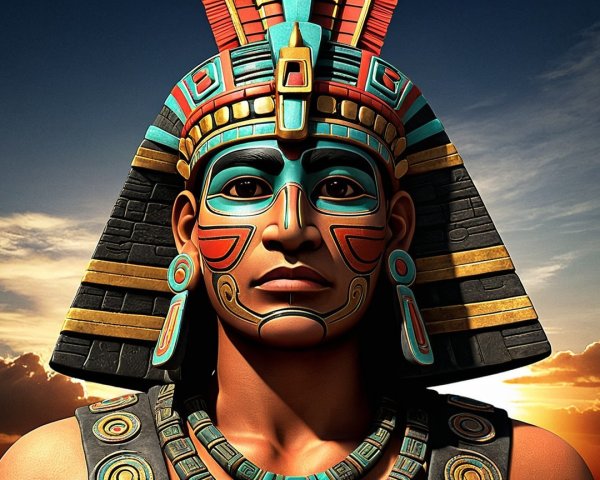 Mesoamerican-Inspired Figure with Vibrant Headdress