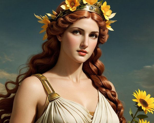 Portrait of a woman with auburn hair and sunflowers