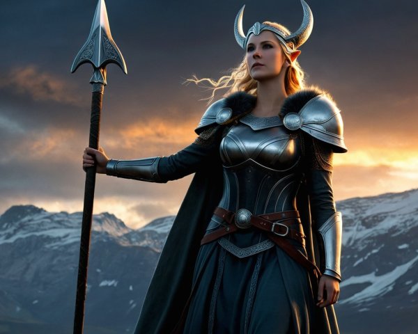 Majestic Warrior in Ornate Armor at Sunset Scene