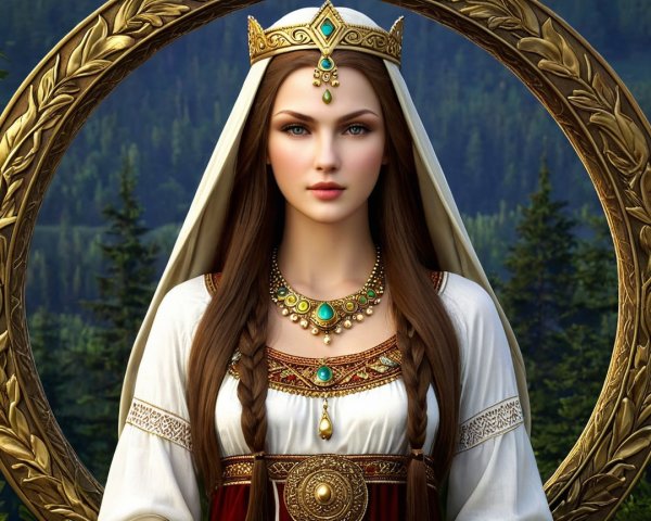 Regal figure in ornate gown in a lush landscape