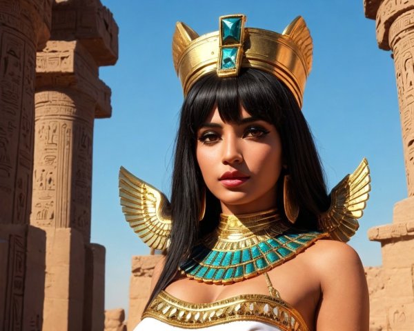 Ancient Egyptian Queen with Headdress and Hieroglyphics