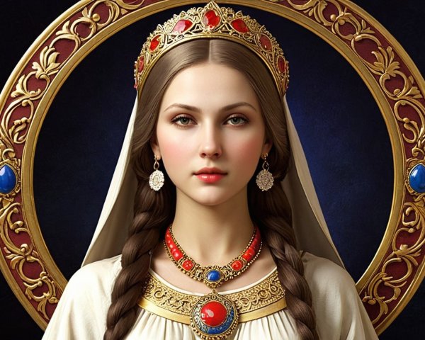 Regal figure with braided hair and ornate attire