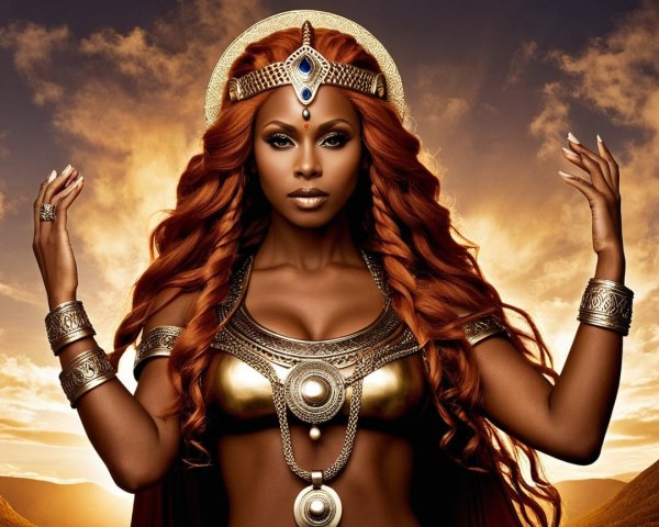 Majestic figure adorned in gold jewelry and cape