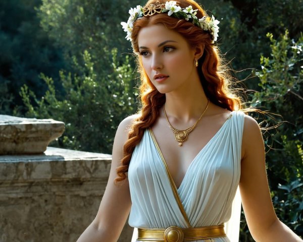Young Woman in White Gown with Floral Crown Outdoors