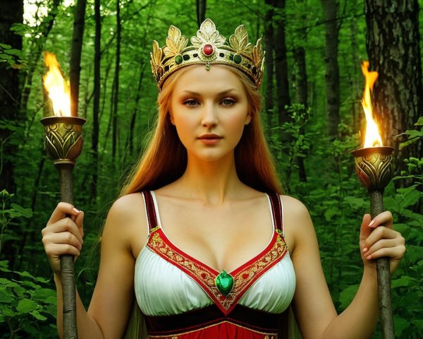 Regal figure in a lush forest with torches and gown