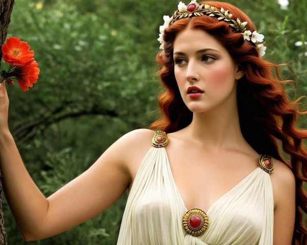 Elegant woman with red hair in a white gown