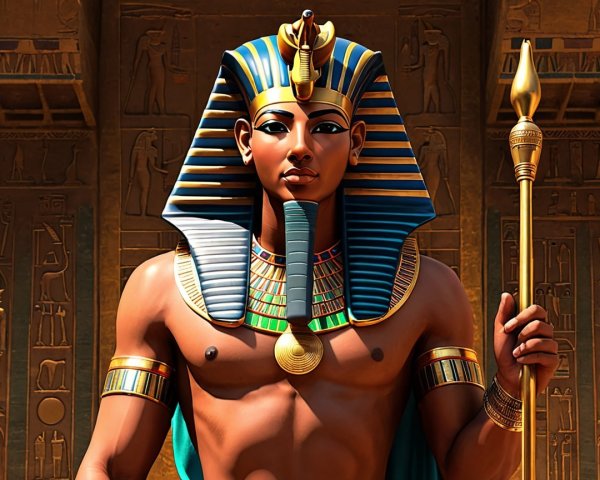 Ancient Egyptian Pharaoh in Blue and Gold Headdress
