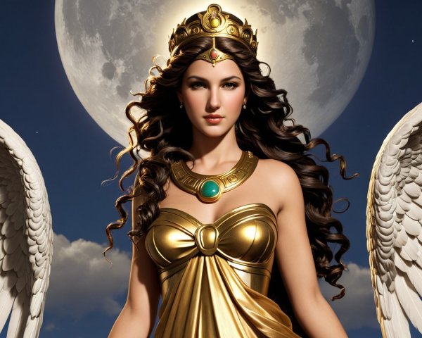 Goddess figure in gold gown with angelic wings