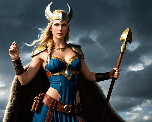 Warrior Woman in Blue Dress with Armor and Spear