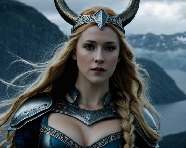 Fierce Warrior in Silver Armor Against Mountainous Landscape