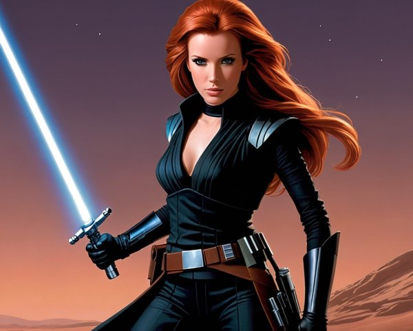 Female Warrior with Lightsaber in Cosmic Setting