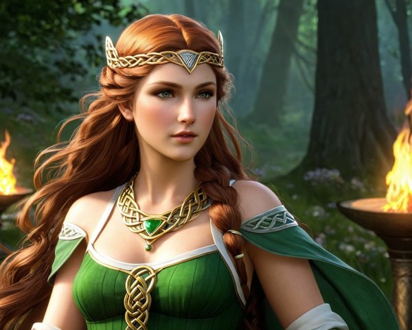 Regal figure in green gown with gold detailing in forest