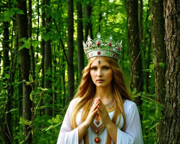 Regal Woman in Forest with Crown and White Gown