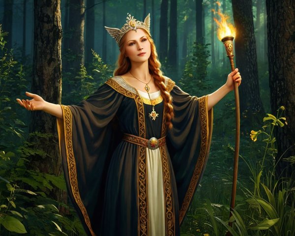Regal fairy-tale queen in an enchanted forest setting