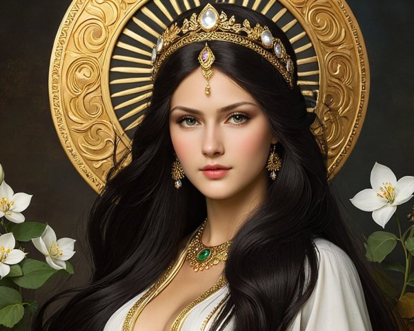 Portrait of a Woman in Golden Crown and Elegant Attire