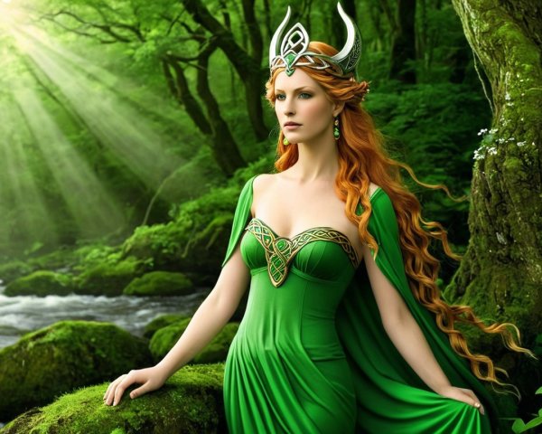 Majestic figure in green gown in lush forest setting