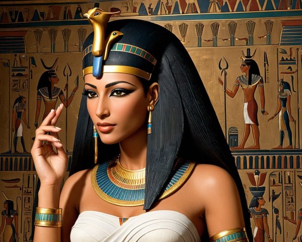 Ancient Egyptian Queen with Jewelry and Hieroglyphs