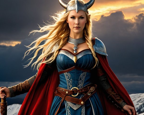 Warrior in Blue and Silver Armor Under Dramatic Sky