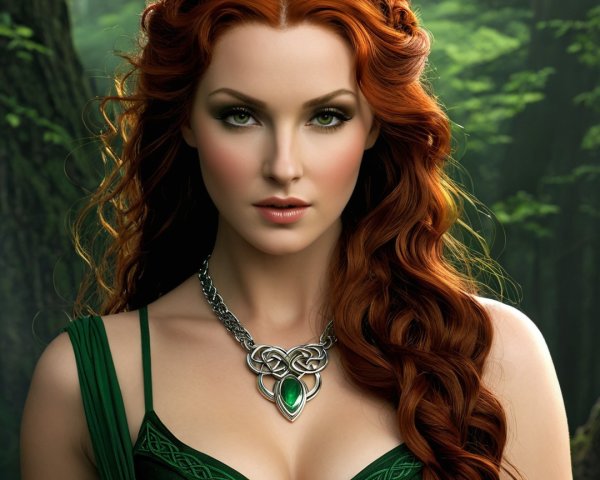 Enchanting figure in lush forest with red hair and dress