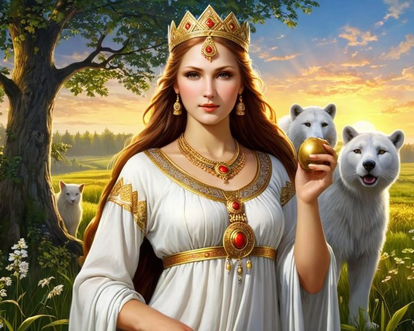 Regal Woman in Meadow with Wolves and Golden Orb