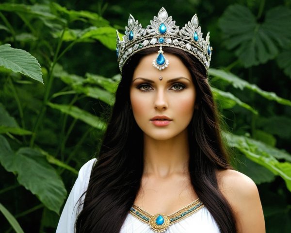 Regal Woman in Silver Crown Surrounded by Greenery
