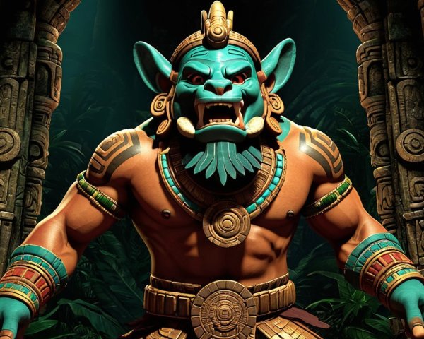Turquoise-skinned creature in ancient stone setting