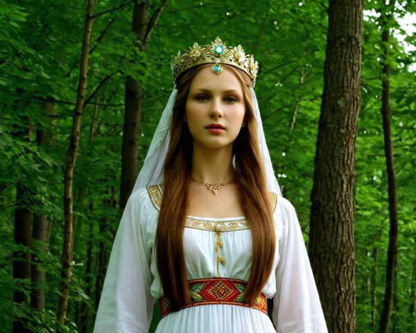 Regal figure in white gown within a lush forest setting